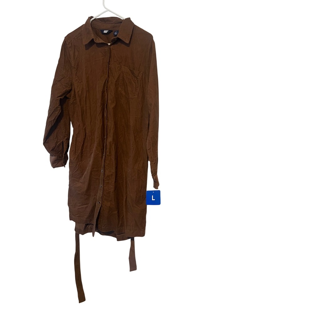 Lands End Womens Brown Corduroy Long Sleeve Button Front Belted Shirt Dress L